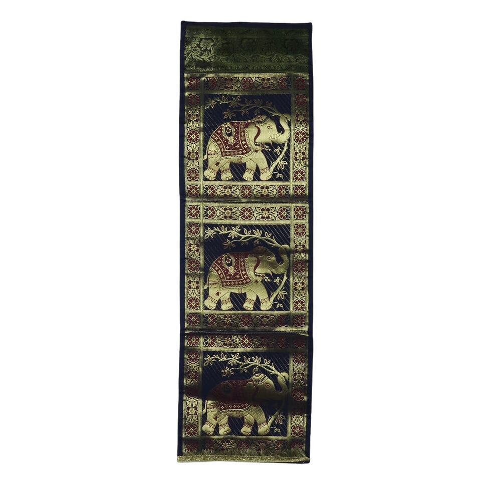 Vintage Navy & Gold Embroidered Elephant Wall Decor Tapestry Made in India